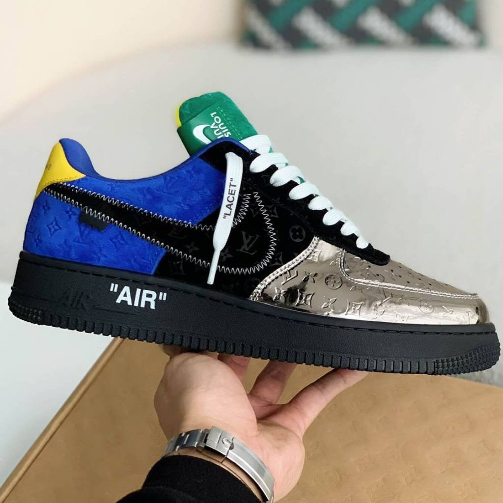 First Copy Shoes Louis Vuitton x Nike Air Force 1 “Virgil Abloh Black Metallic Silver