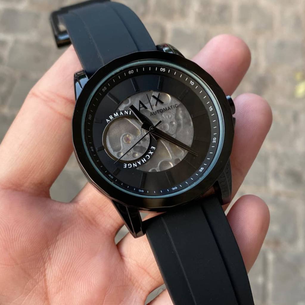 First Copy Armani Exchange Black Skeleton Automatic Watch