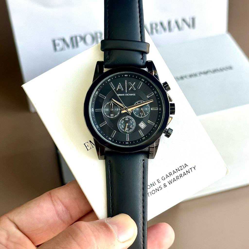 First Copy Armani Exchange Chronograph Watch – Black Dial Leather Strap
