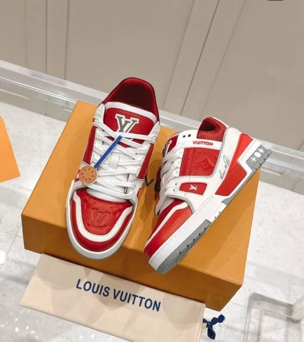 First Copy Shoes Louis Vuitton Trainer Signature Red White-2