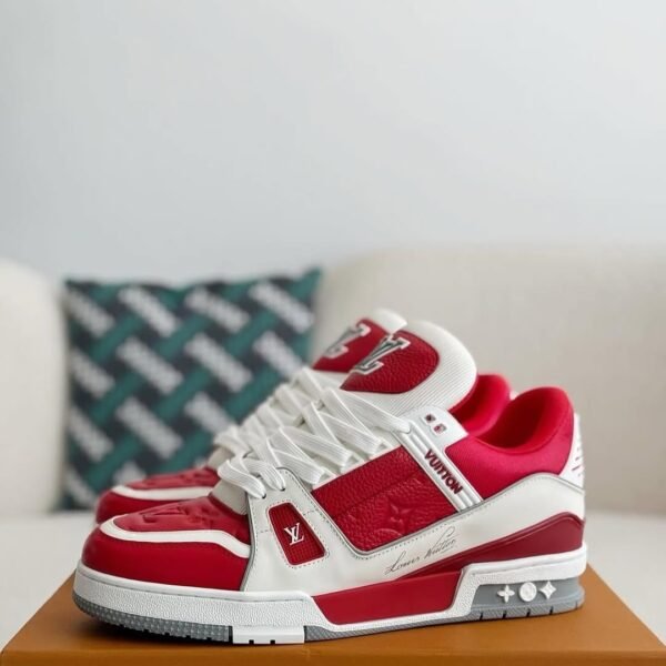 First Copy Shoes Louis Vuitton Trainer Signature Red White-5
