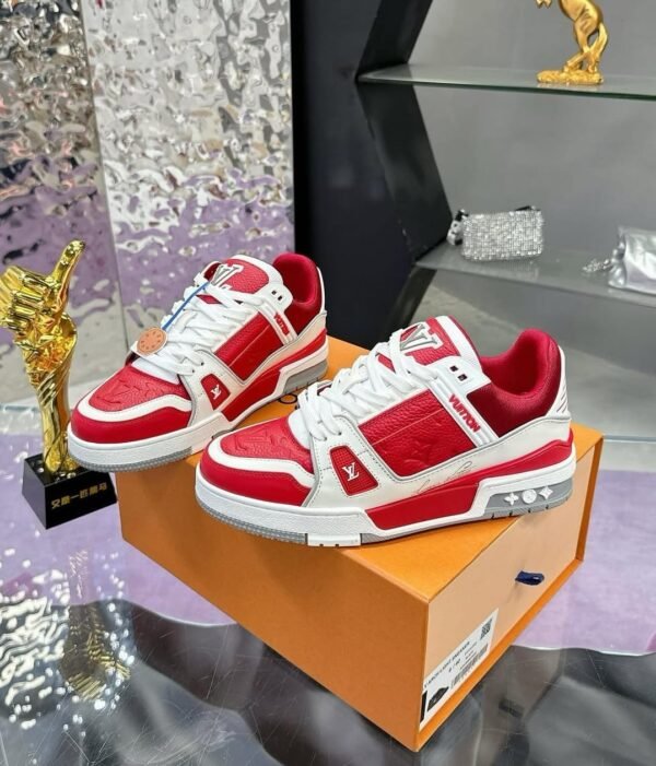 First Copy Shoes Louis Vuitton Trainer Signature Red White-6
