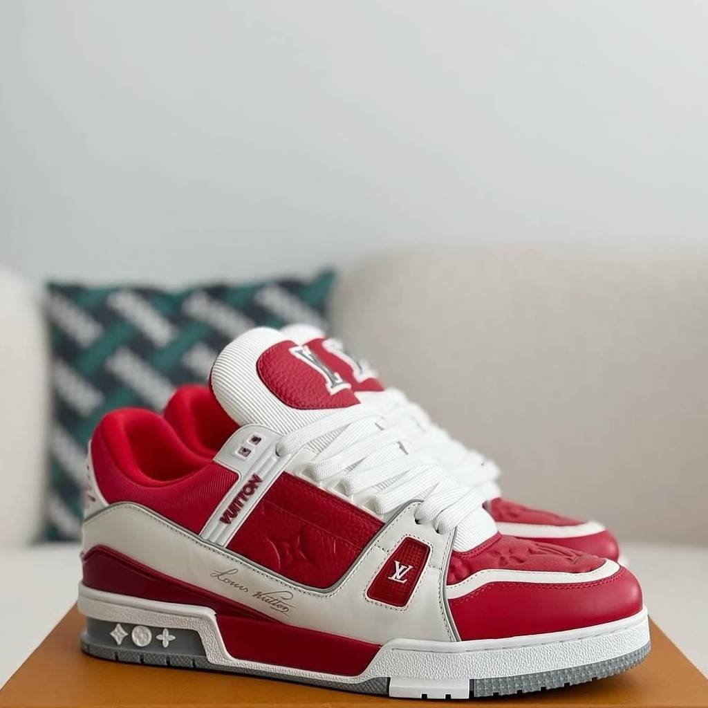 First Copy Shoes Louis Vuitton Trainer Signature Red White