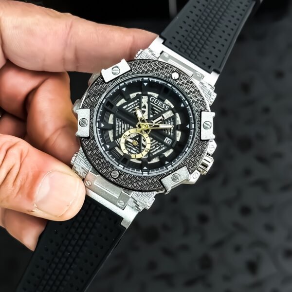 First Copy Guess Black & Silver Skeleton Chronograph Watch-2