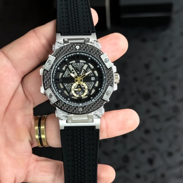 First Copy Guess Black & Silver Skeleton Chronograph Watch-3
