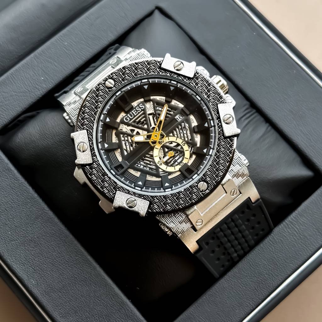 First Copy Guess Black & Silver Skeleton Chronograph Watch