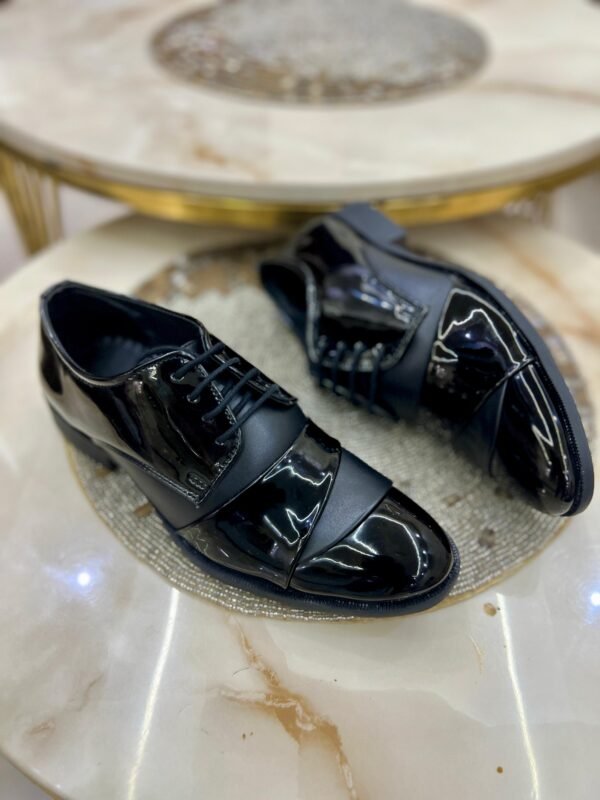 First Copy Shoes Black Glossy Formal Derby Shoes-1