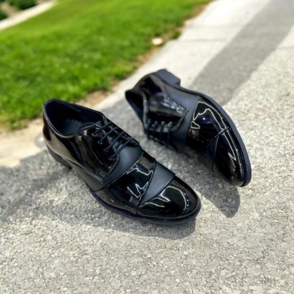 First Copy Shoes Black Glossy Formal Derby Shoes-4