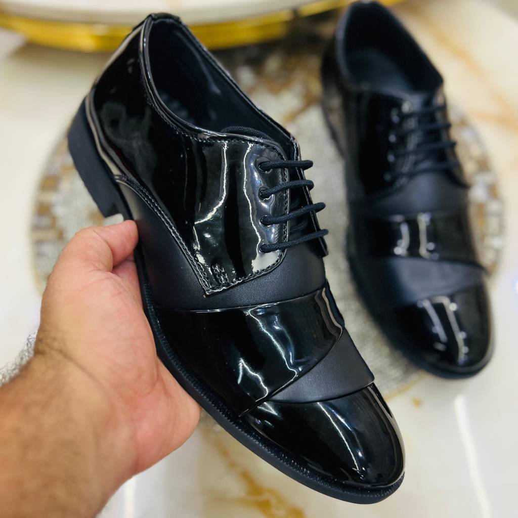 First Copy Shoes Black Glossy Formal Derby Shoes