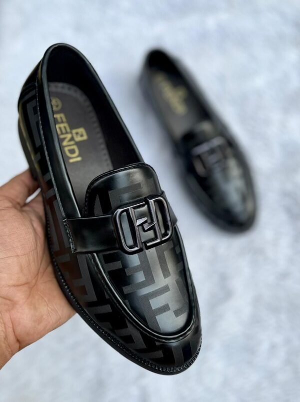 First Copy Shoes Fendi Black Glossy Loafer Premium FF Monogram Design-2