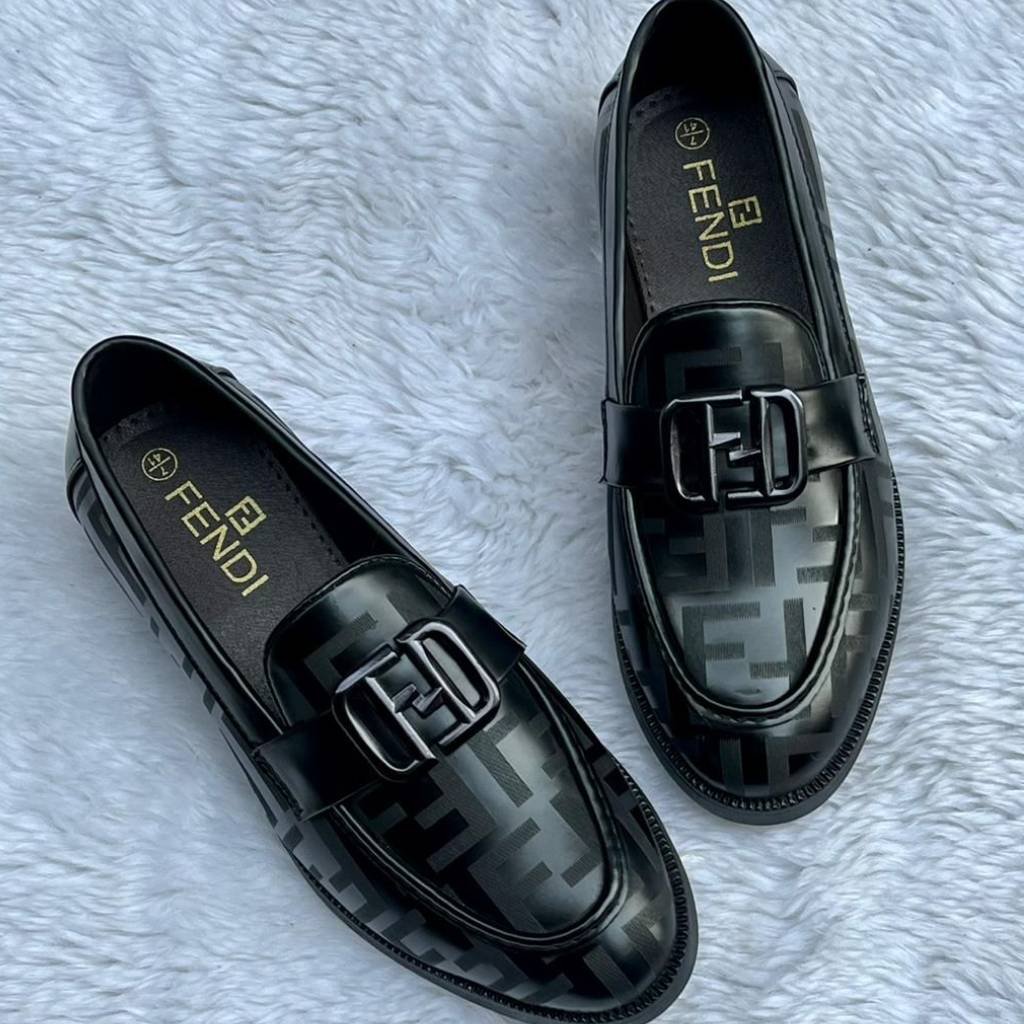 First Copy Shoes Fendi Black Glossy Loafer Premium FF Monogram Design
