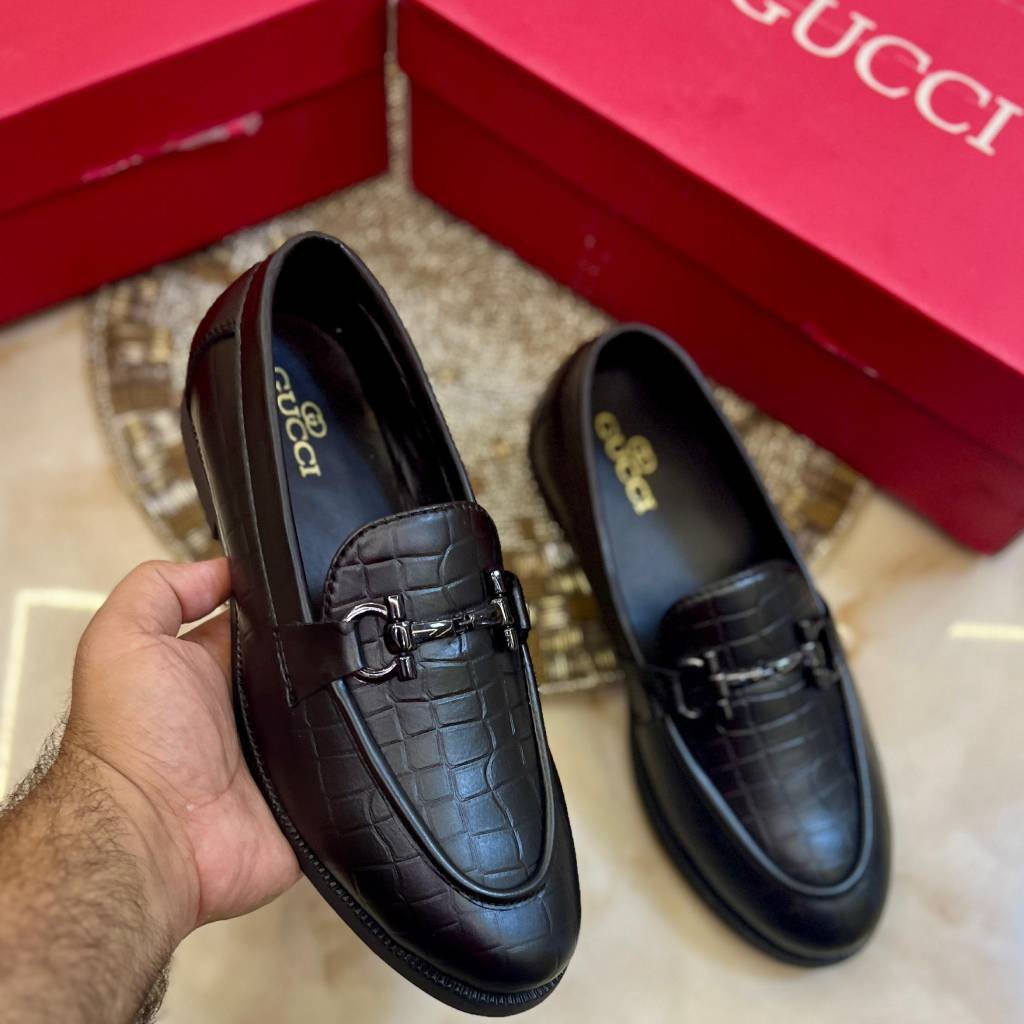 First Copy Shoes Gucci Croc-Textured Leather Loafers