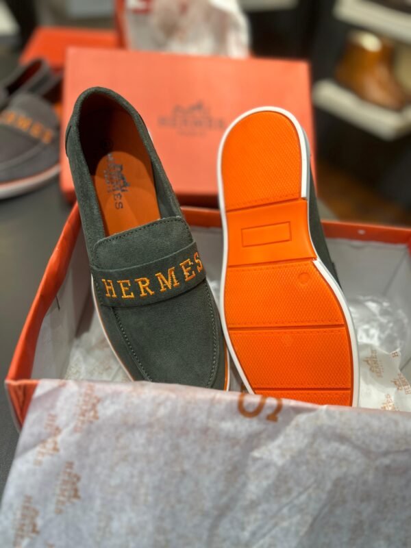 First Copy Shoes Hermes Olive Suede Loafers-3