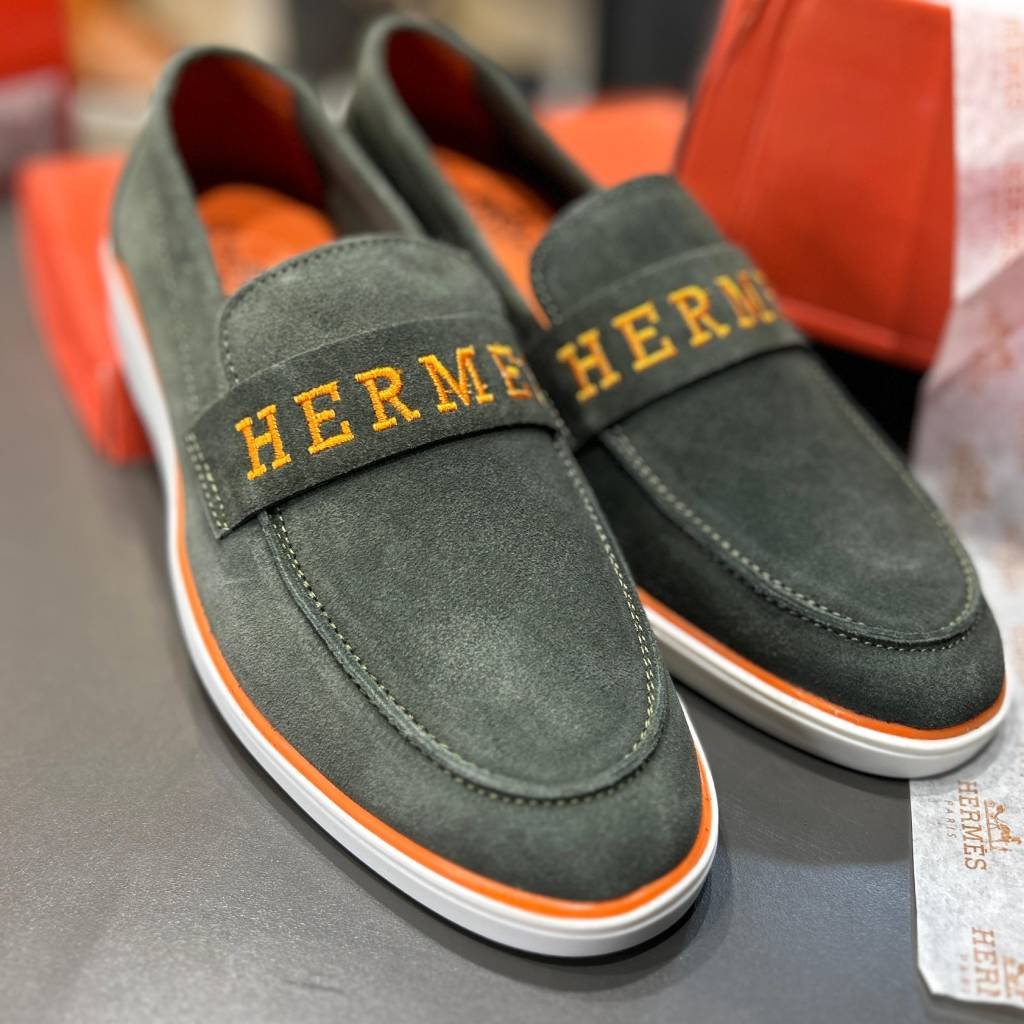 First Copy Shoes Hermes Olive Suede Loafers