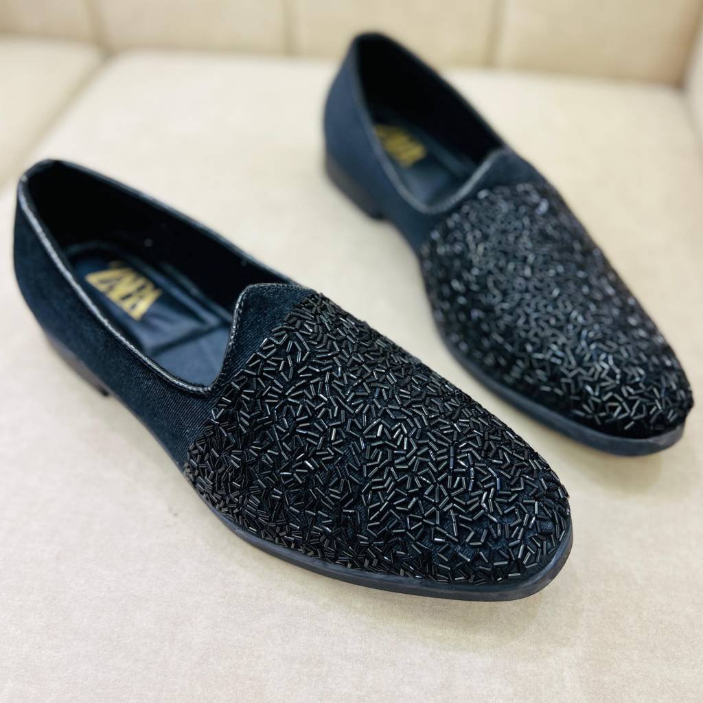 First Copy Shoes Zara Black Textured Peshawari Loafers