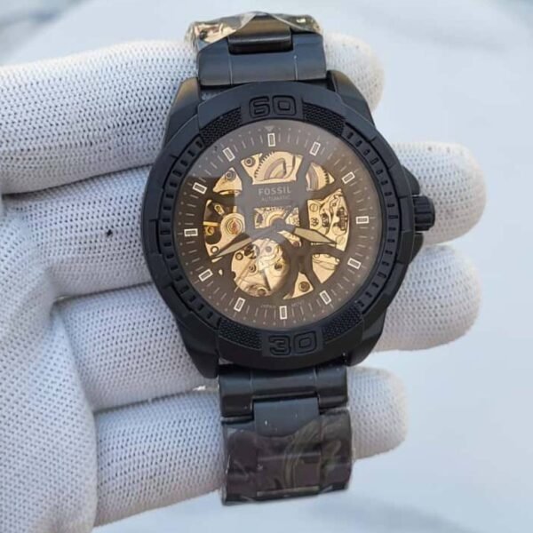First Copy Fossil Matte Black Gold Skeleton Watch