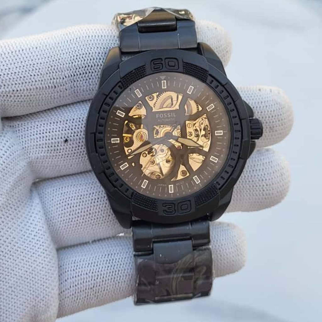First Copy Fossil Matte Black Gold Skeleton Watch