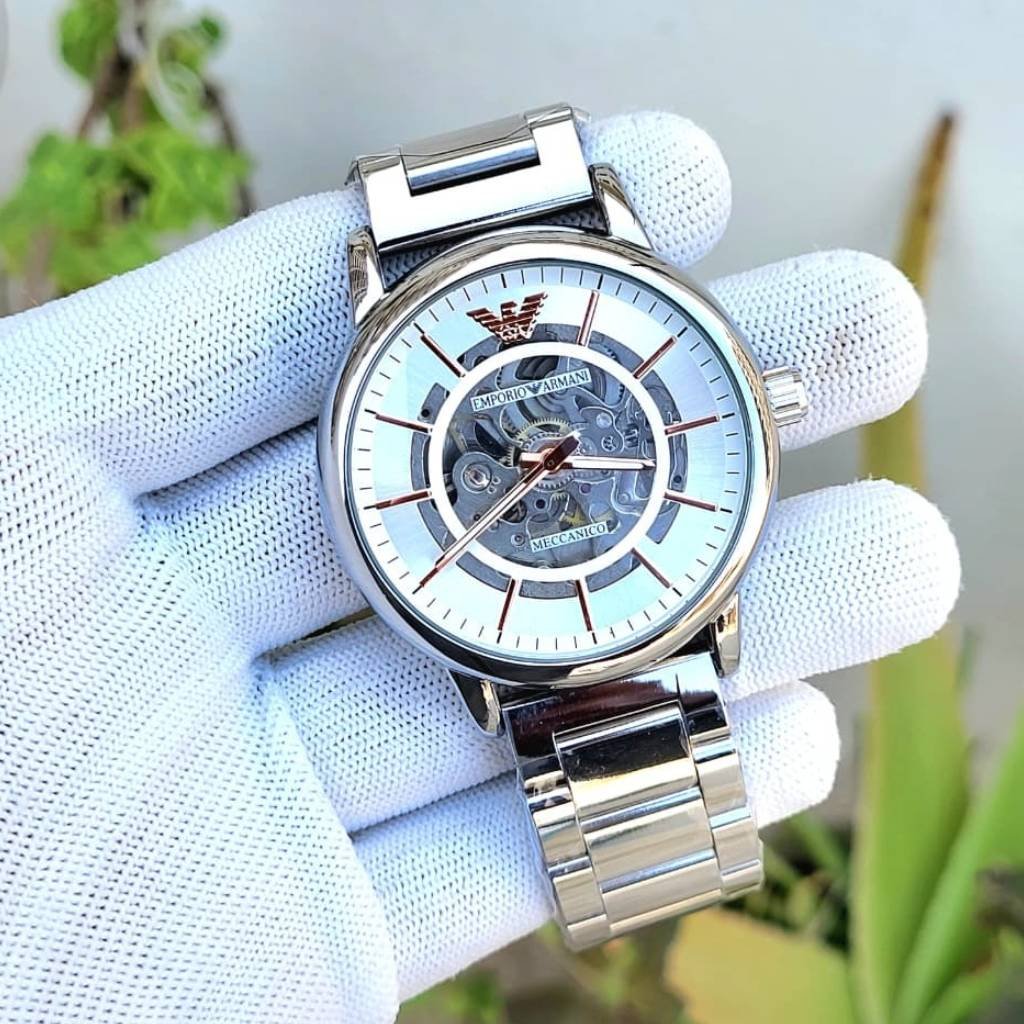 Emporio Armani Meccanico Automatic Silver Skeleton Dial Watch