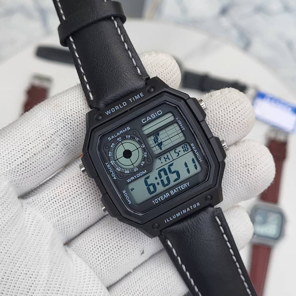 First Copy Watch Casio World Time Digital Watch Black Leather Strap