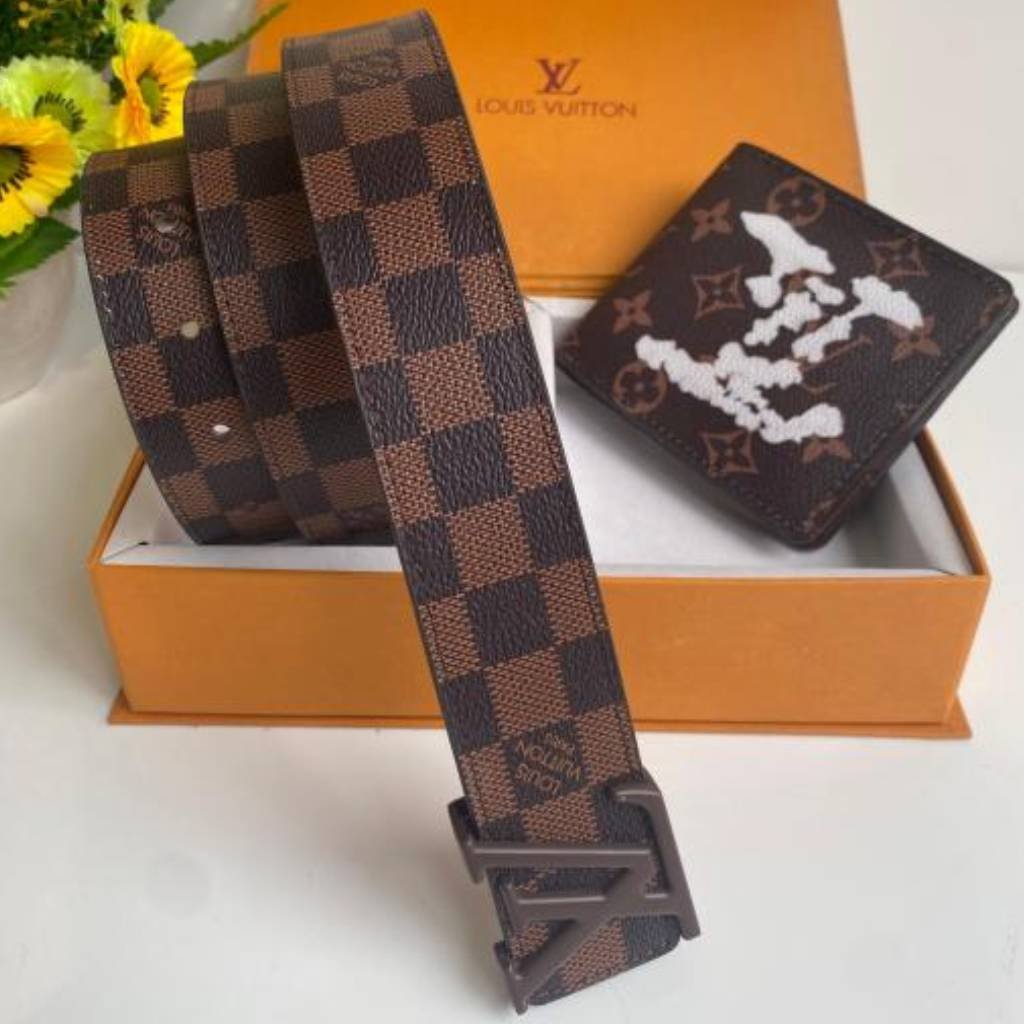 Louis Vuitton Checkered Belt Wallet Combo First Copy With Box & Dust Bag